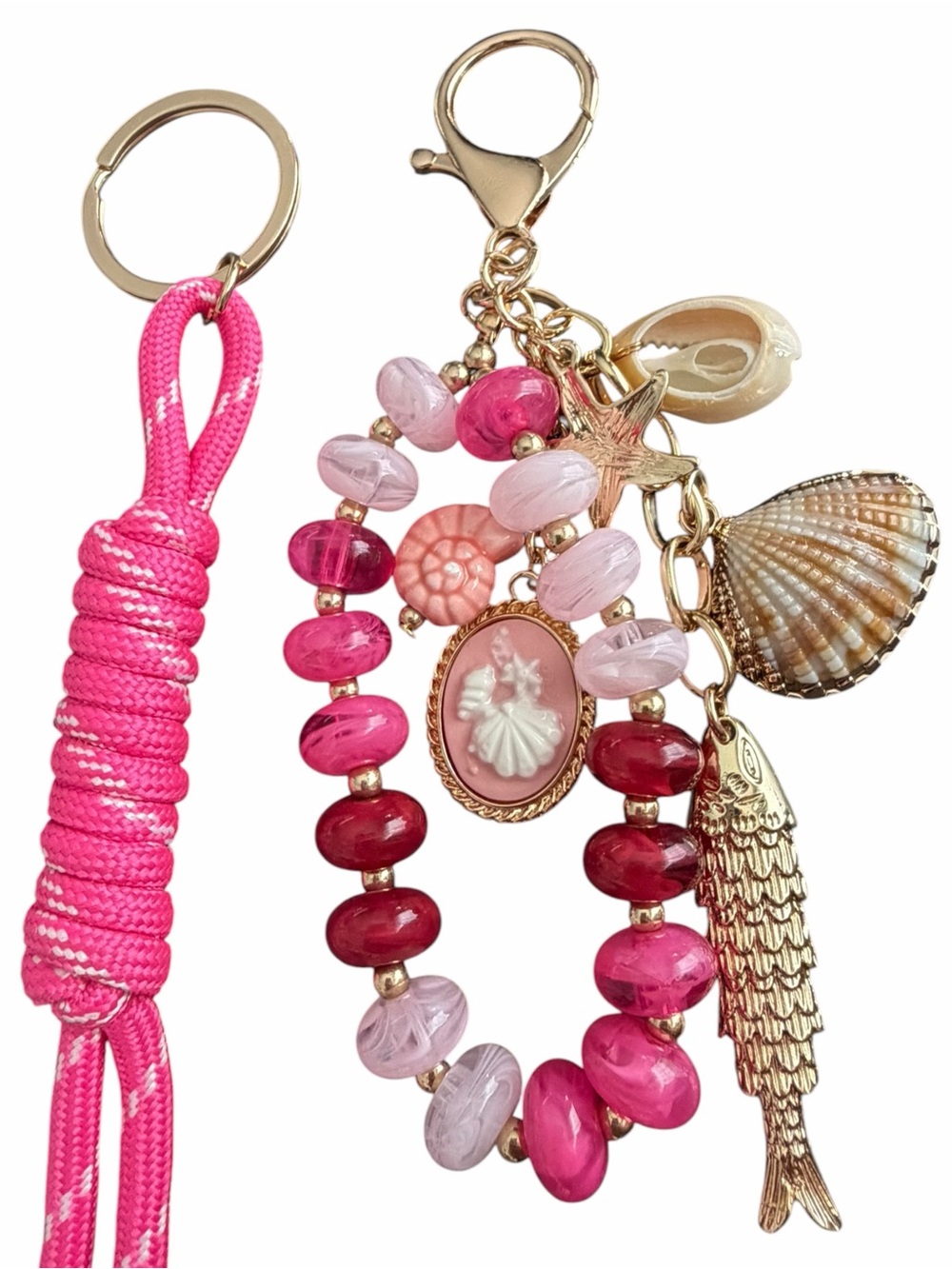 Pink Beaded Shell Charm Keychain with Gold Fish Accent - Picture 2 of 3